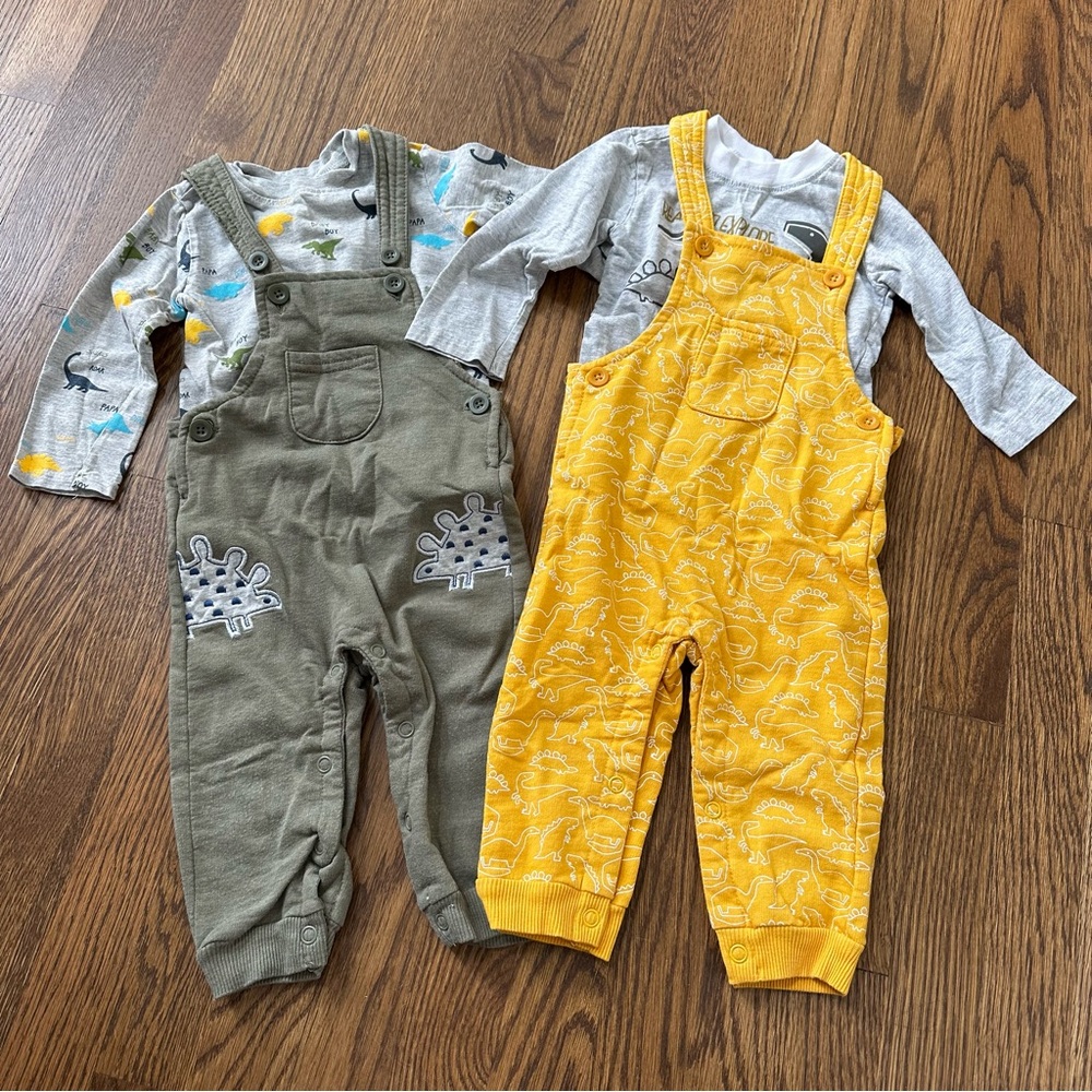 Little Rebels Dinosaur Overalls Sets in Yellow and Olive, size 18M (4 pieces)
